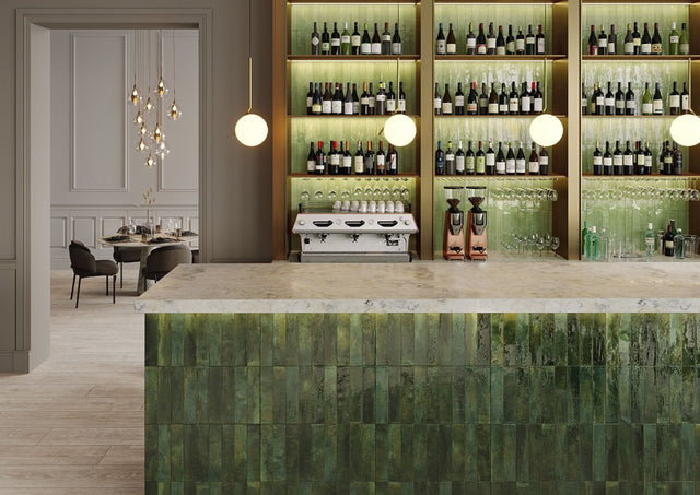 La Jolla mint green brick effect gloss porcelain wall and floor tile 300x600mm in a room setting
