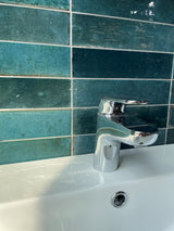 Montauk blue gloss porcelain tile 240x60mm room setting