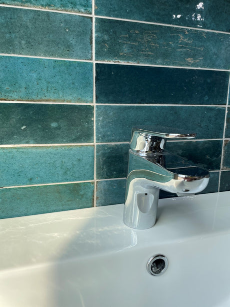 Montauk blue gloss porcelain tile 240x60mm room setting