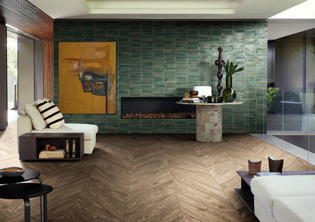 Montauk forest green gloss porcelain brick tile 240x60mm on a wall