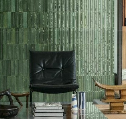 Montauk green 3D rake gloss porcelain brick tile 240x60mm on a wall