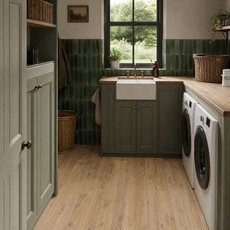 Montauk olive gloss porcelain brick tile 240x60mm room setting