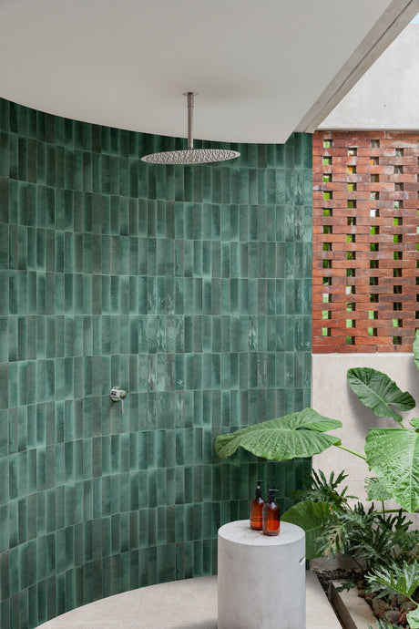 Montauk turquoise gloss porcelain tile 240x60mm close-up
