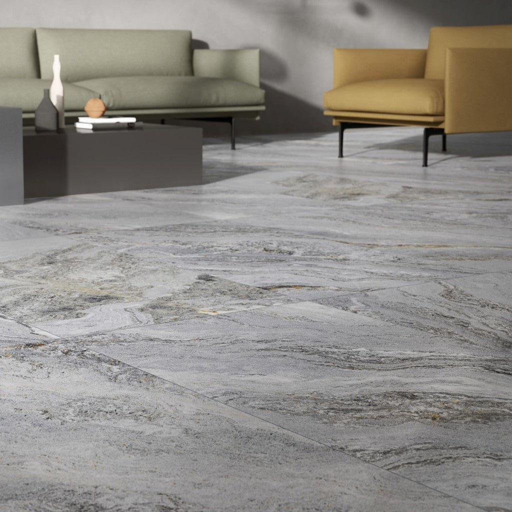 Monterey grey quartzite effect porcelain tile 600x1200mm in a room setting