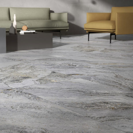 Monterey grey quartzite effect porcelain tile 600x1200mm in a room setting