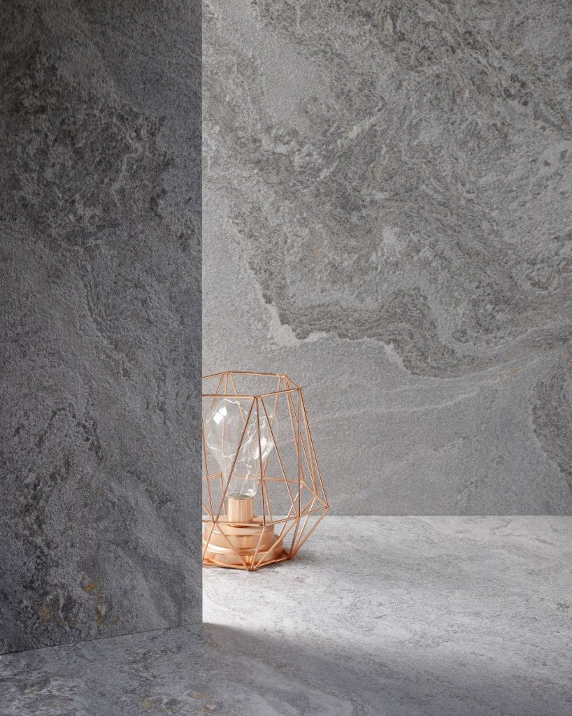 Monterey grey stone effect large format tile laid on a floor