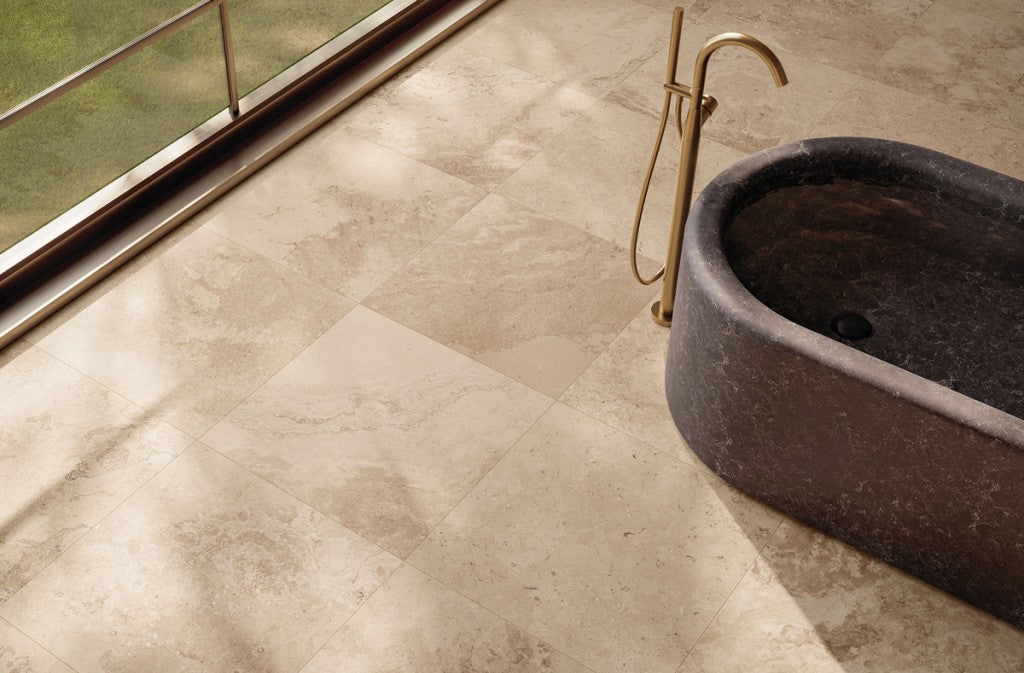 Newport cream stone effect matt porcelain wall & floor tile, 600x600mm – view 2
