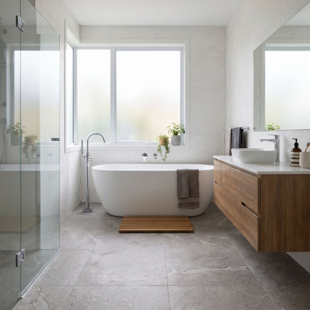 Ocean City grey stone effect matt porcelain tile 600x600mm room setting