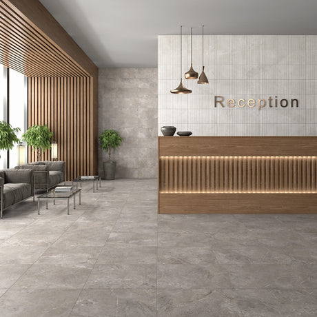 Ocean City grey stone effect satin ceramic wall tile 300x600mm in a bathroom