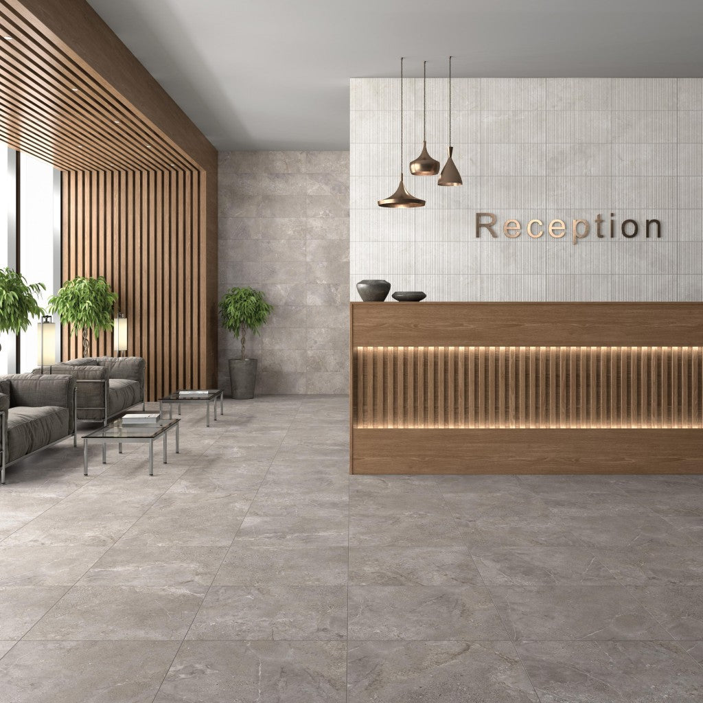 Ocean City grey stone effect satin ceramic tile 300x600mm room setting