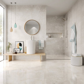 Ocean City white stone effect satin ceramic wall tile 300x600mm in a bathroom