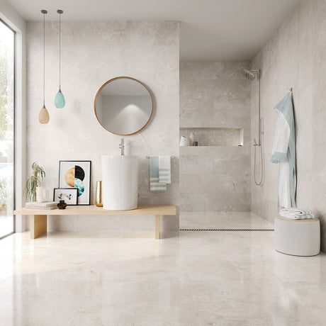 Ocean City white stone effect satin ceramic wall tile 300x600mm in a bathroom