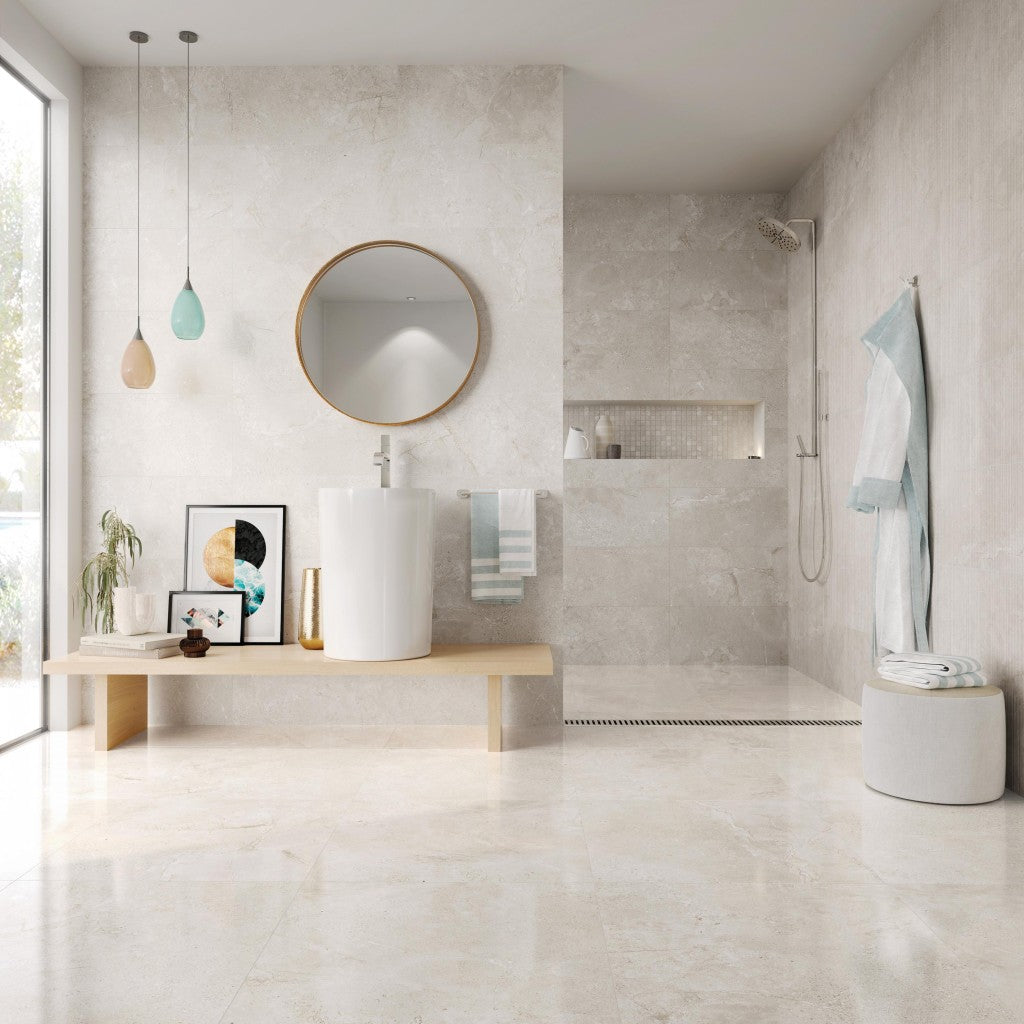Ocean City white stone effect satin ceramic tile 300x600mm room setting