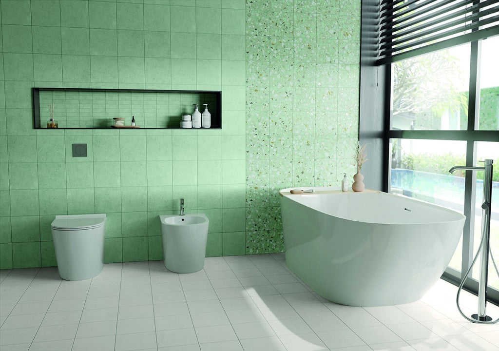 Provincetown green terrazzo effect matt ceramic tile 200x200mm in a room