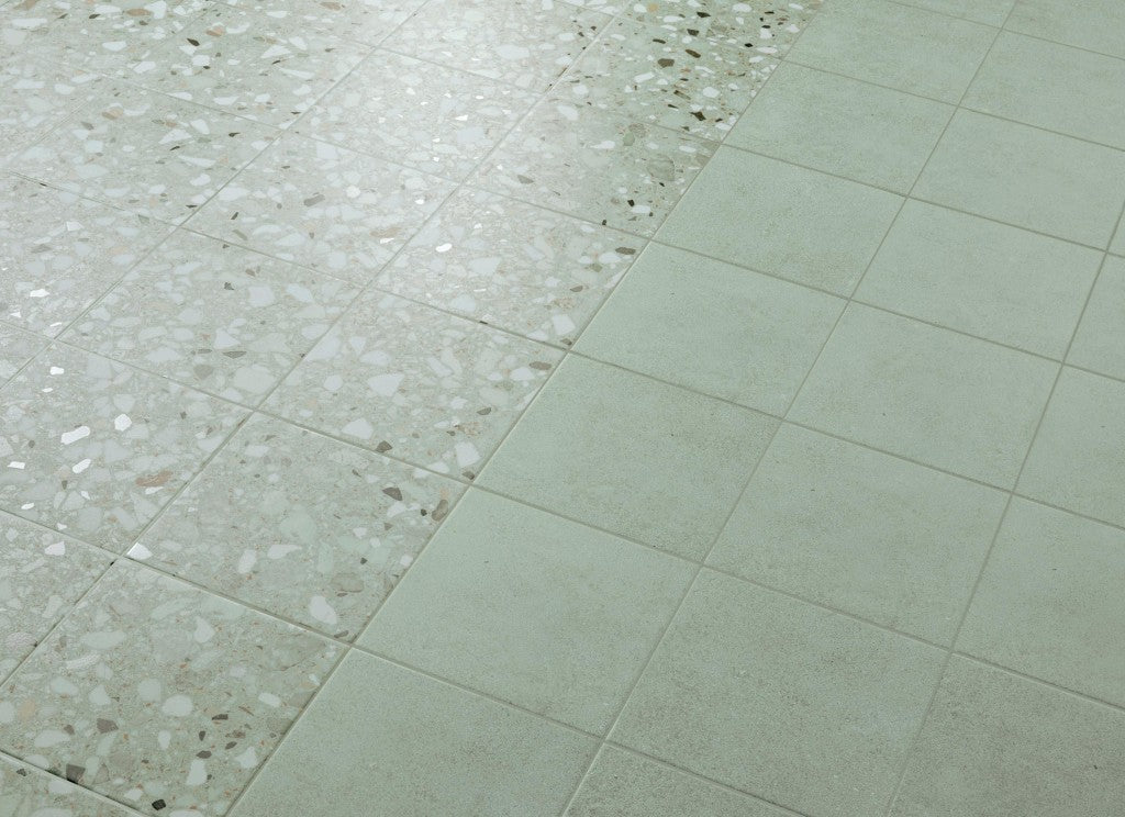 Provincetown green terrazzo effect matt ceramic tile 200x200mm room setting