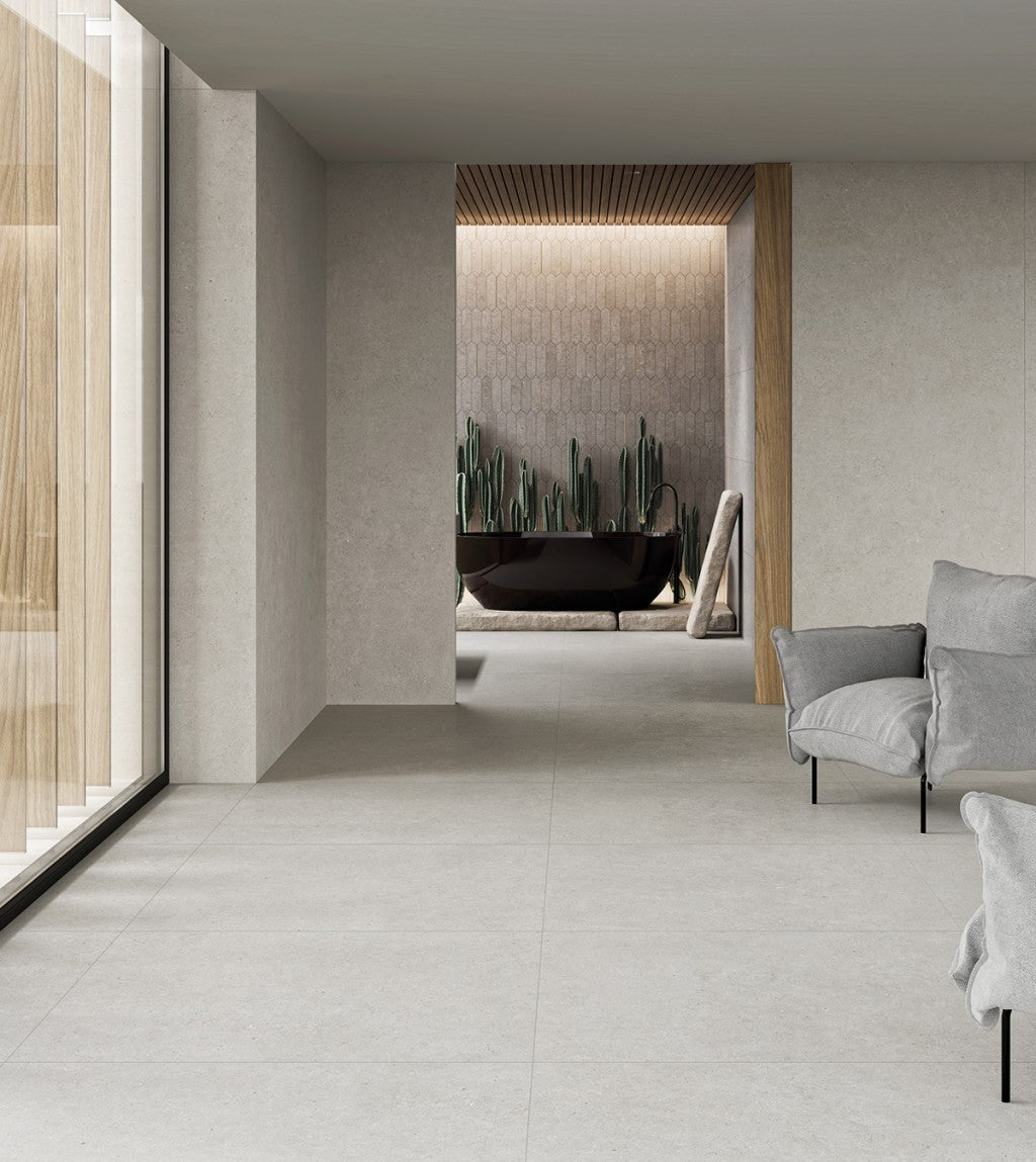 Savannah light grey 1200x1200mm porcelain slab in a room setting