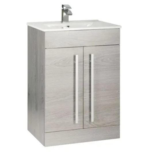Kartell K-VIT Purity 600mm Floor Standing 2 Door Unit With Ceramic Basin- Silver Oak (PSO600DO-FUR057PU)