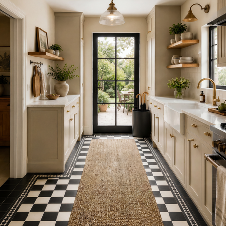 Southampton black Victorian plain matt porcelain floor tile 93x93mm laid in a chequerboard hallway