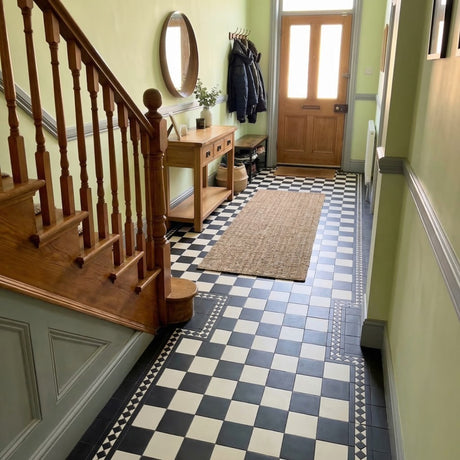 Southampton black and white 93x93mm Victorian floor tiles in a room setting