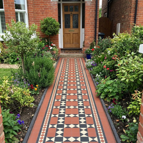Southampton red Victorian plain matt porcelain floor tile 93x93mm laid in a hallway