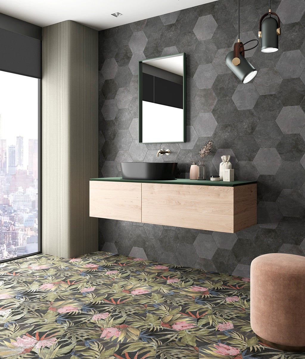 Stone Harbor Black floral matt porcelain hexagon wall and floor tile 230x270mm