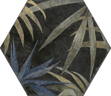 Stone Harbor Black floral hexagon tile, pattern variation 3