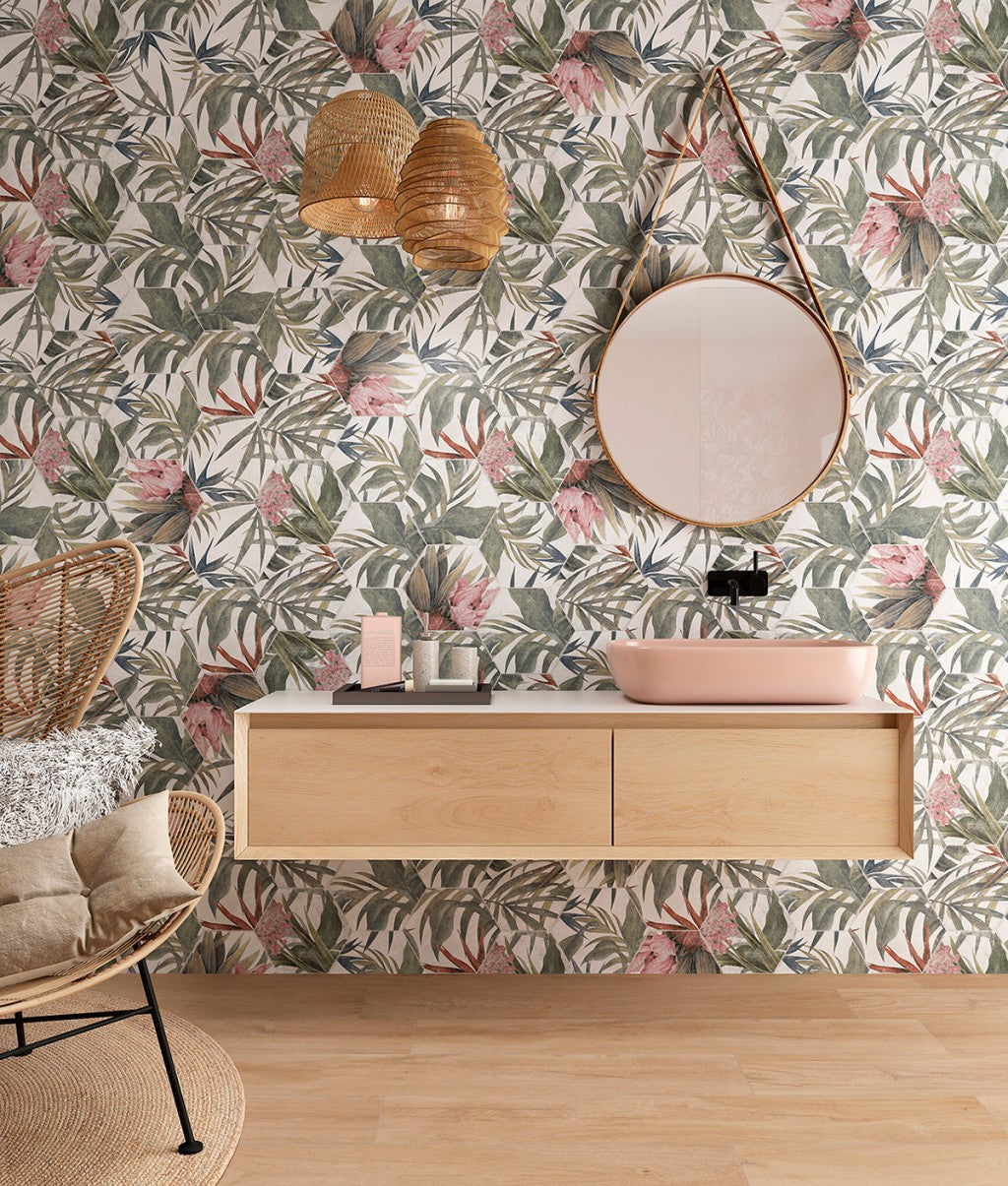 Stone Harbor White floral matt porcelain hexagon wall and floor tile 230x270mm