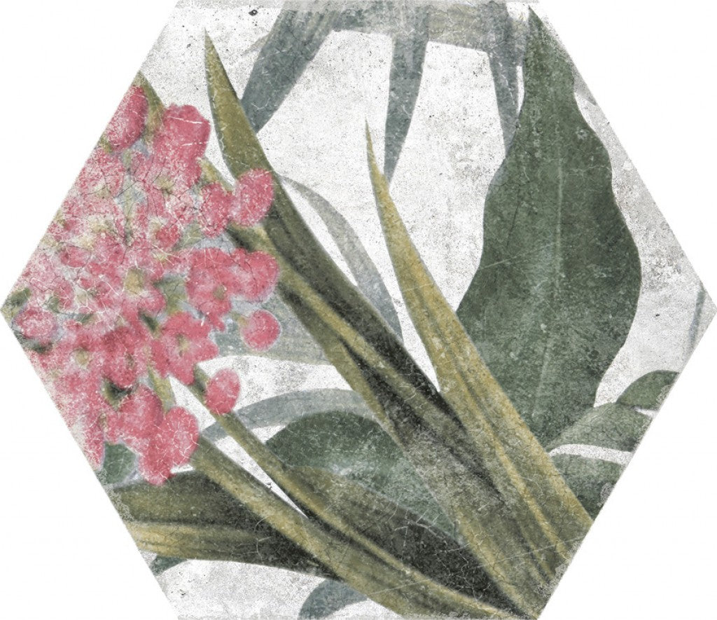 Stone Harbor White floral hexagon tile, pattern variation 1