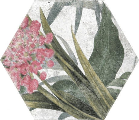 Stone Harbor White floral hexagon tile, pattern variation 1
