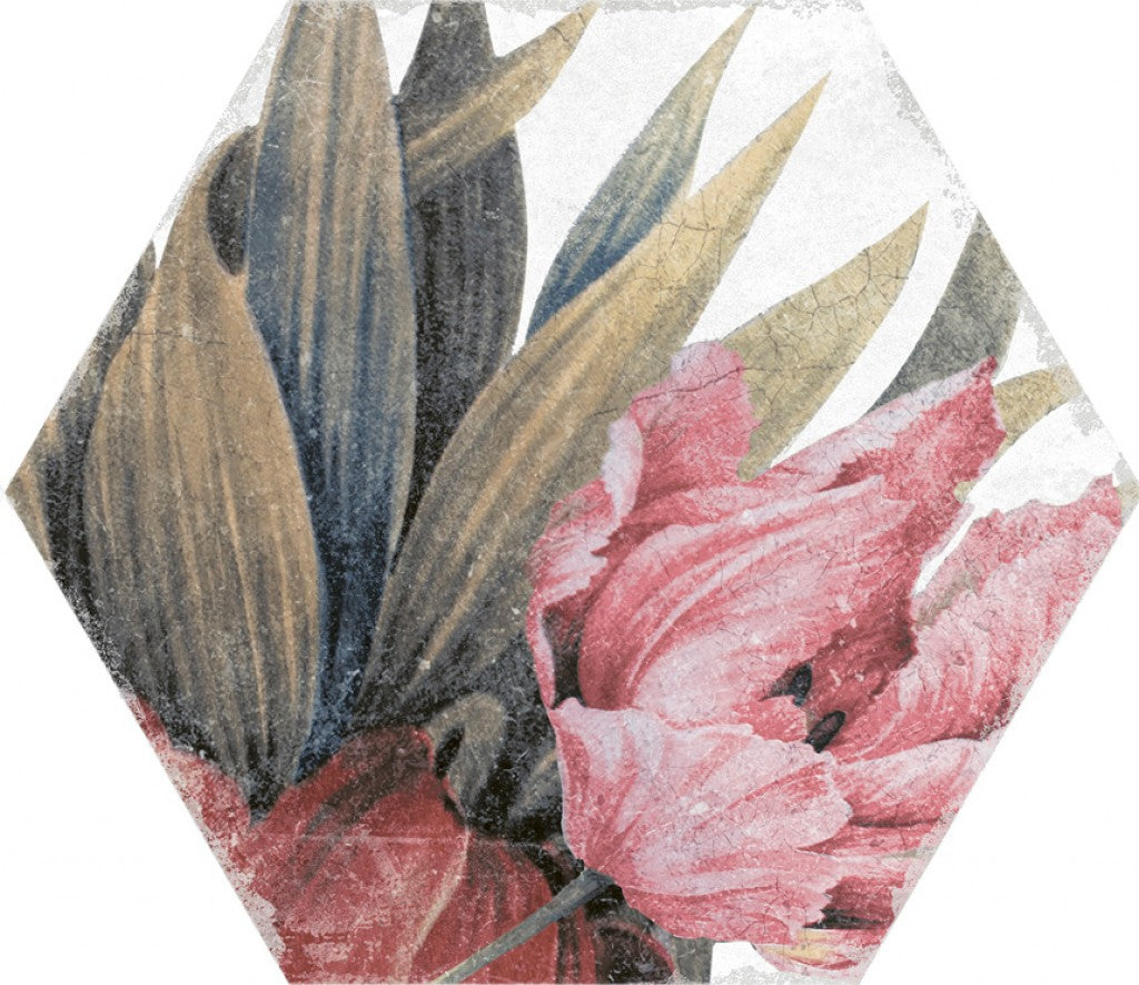 Stone Harbor White floral hexagon tile, pattern variation 3