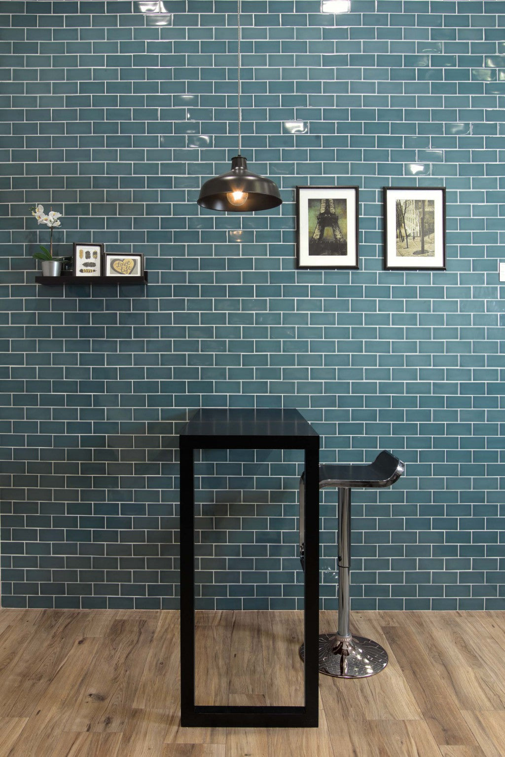 Stonington Black gloss ceramic 70x140mm brick tiles on a wall