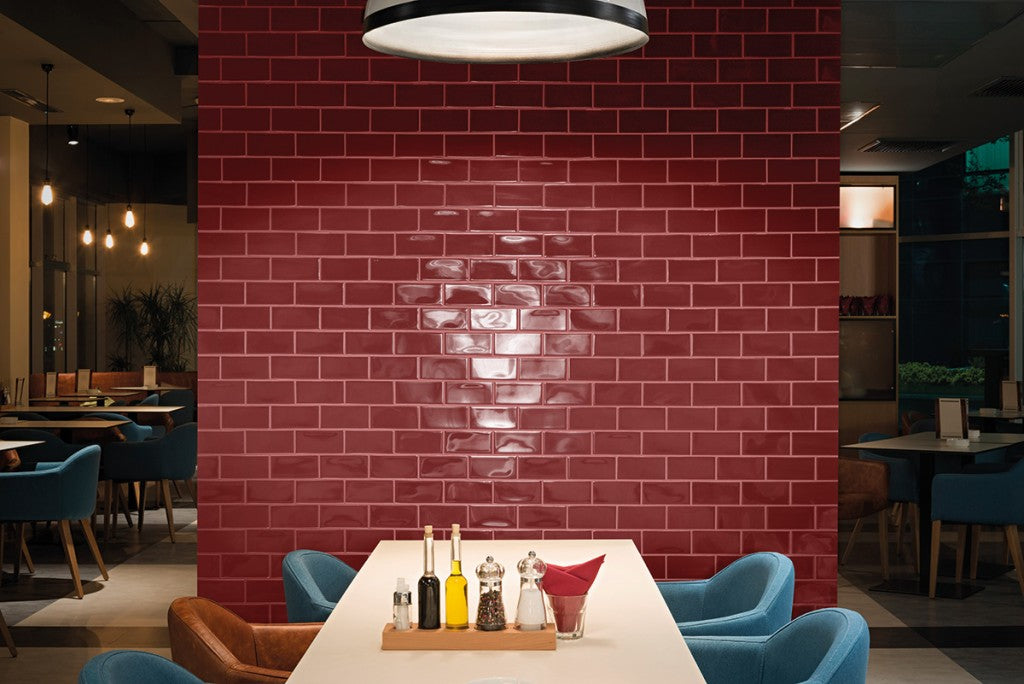 Stonington Burgundy handmade effect gloss ceramic wall tile 70x140mm