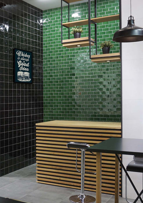 Stonington Forest Green gloss ceramic 70x140mm tiles in a room setting