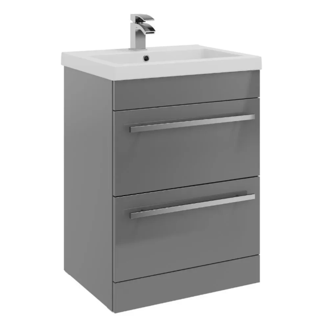 Kartell K-VIT Purity 600mm Floor Standing 2 Drawer Unit With Mid Depth Ceramic Basin - Storm Grey Gloss (FUR012PU-FUR061PU)
