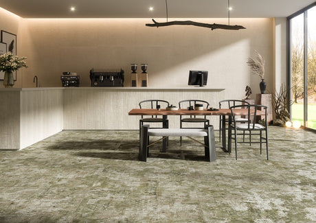 Tybee green textile effect matt porcelain tile 500x1000mm laid in a room