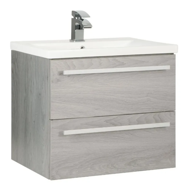 Kartell K-VIT Purity 600mm Wall Mounted 2 Drawer Unit With Mid Depth Ceramic Basin- Silver Oak (PSO600WM-FUR061PU)