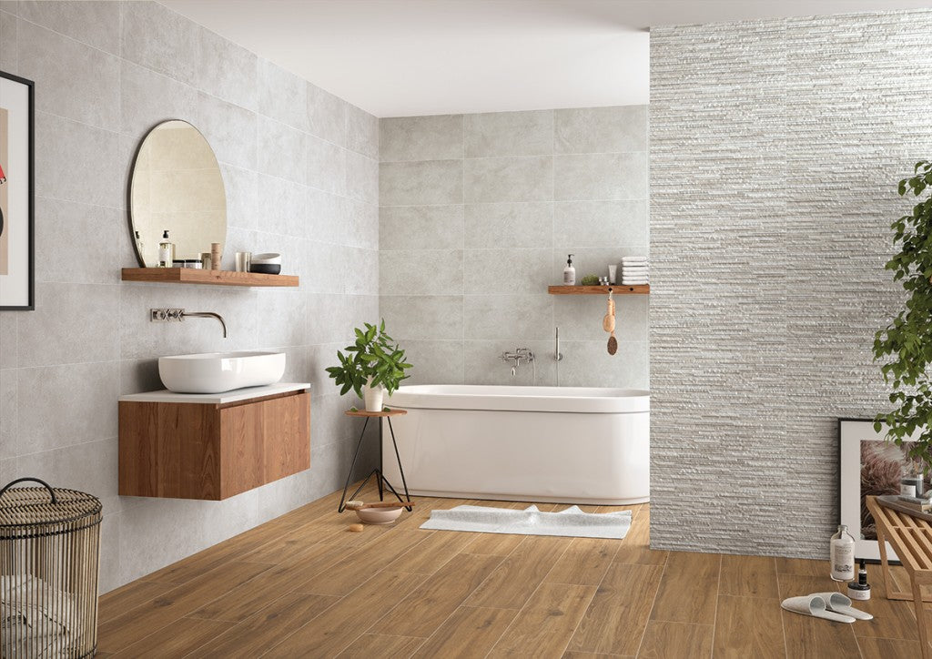 Westerly White split face decor tiles in a room setting