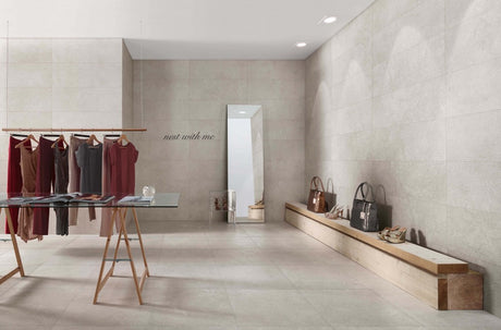 Whidbey grey 350x1000mm ceramic wall tile in a room setting