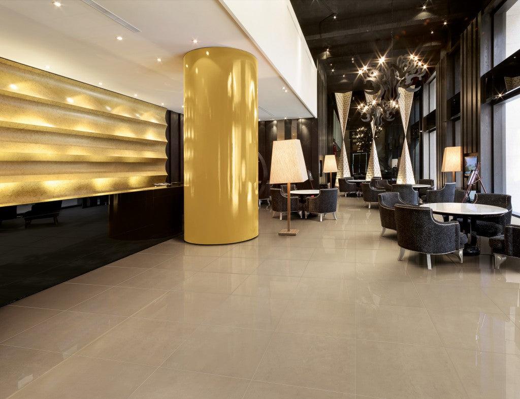 Wilmington cream plain polished porcelain wall & floor tile, 600x600mm – view 3
