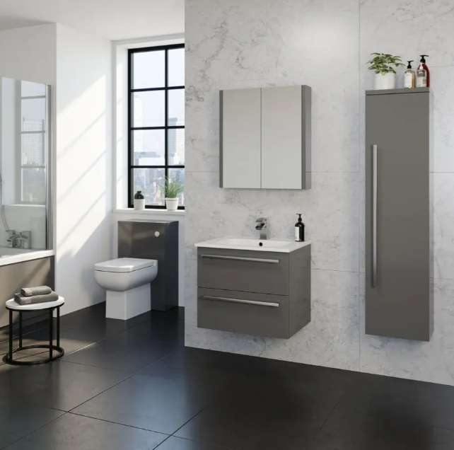 Kartell K-VIT Purity 600mm Wall Mounted 2 Drawer Unit With Mid Depth Ceramic Basin - Storm Grey Gloss (FUR026PU-FUR061PU)