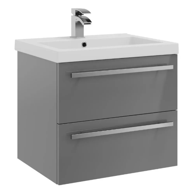 Kartell K-VIT Purity 600mm Wall Mounted 2 Drawer Unit With Mid Depth Ceramic Basin - Storm Grey Gloss (FUR026PU-FUR061PU)
